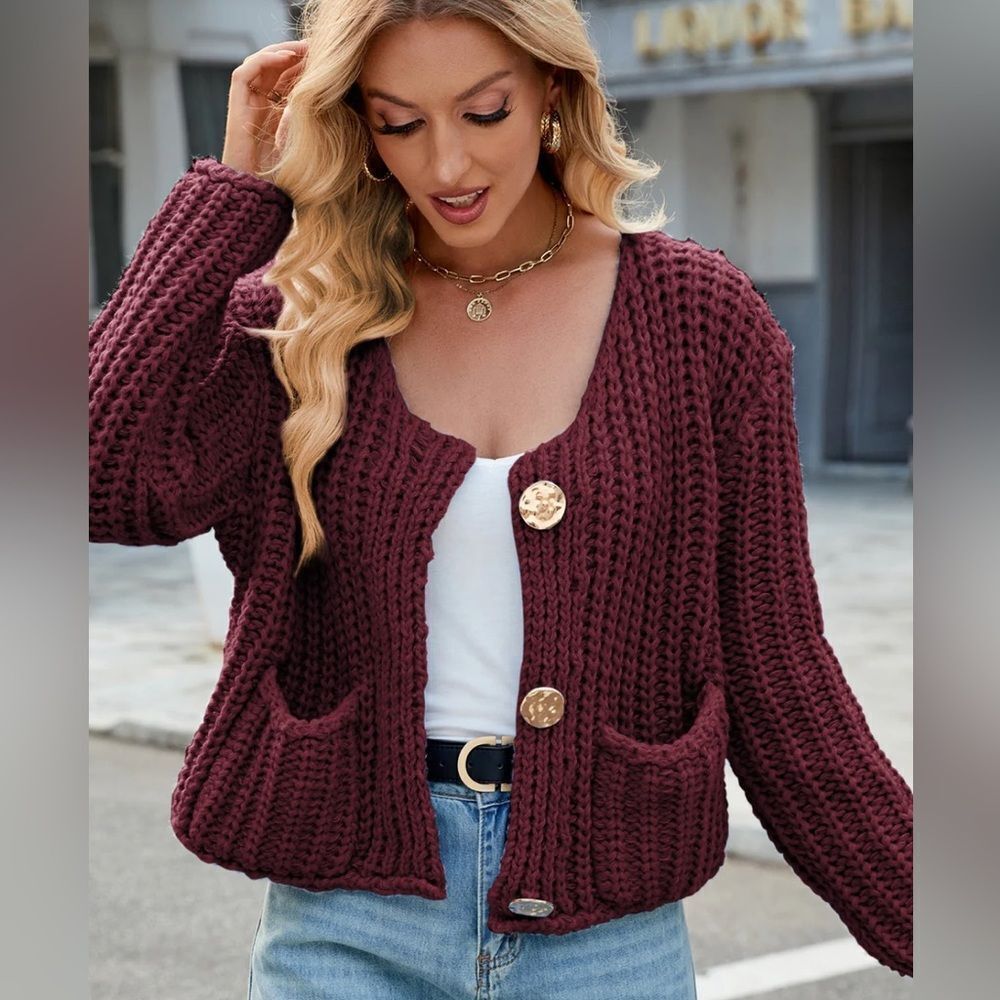 Zara chunky knit cardigan in burgundy - Picture 5 of 16